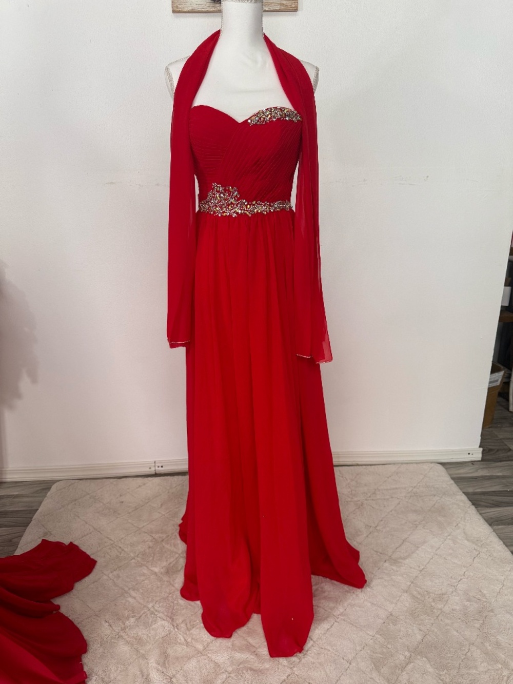 Red Strapless Ruched Formal Gown with Rhinestone Waist & Corset Back – Size 6